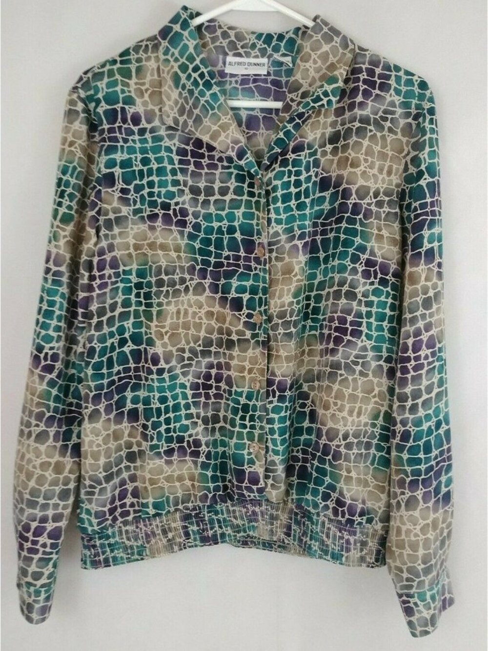 Alfred Dunner Button Up Blouse Jade ,Purple, & Tan Snakeskin Design Size 12